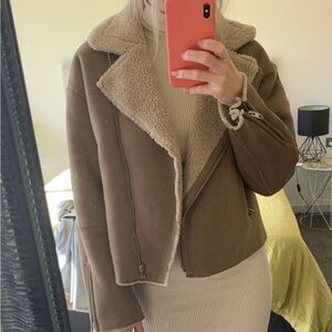 Zara Suede-like Bomber Jacket with Sherpa Lining